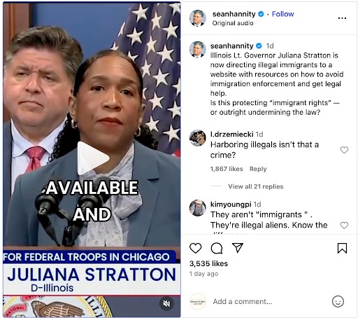 Sean Hannity attacking Juliana for her support of immigrants on instragram 