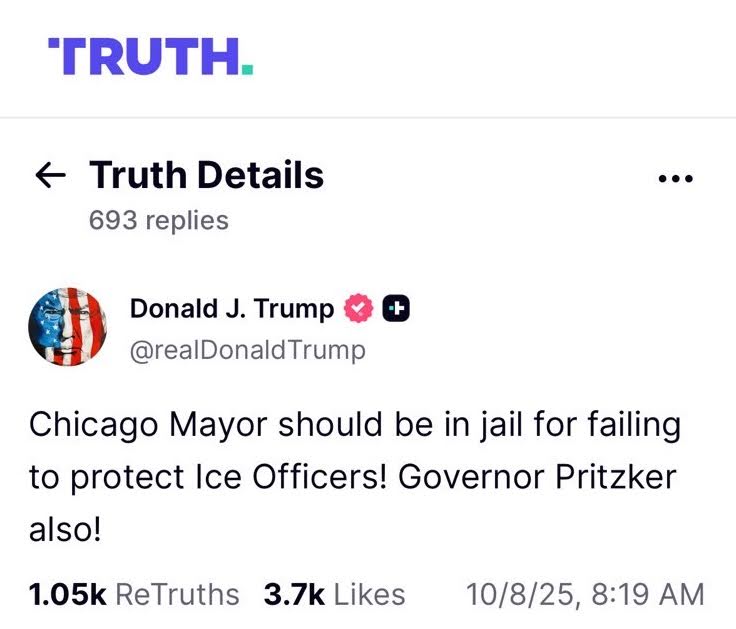 Chicago Mayor should be in jail for failing to protect Ice Officers! Governor Pritzker also!