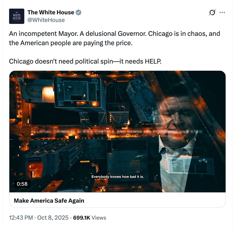 White House Official on X: An incompetent Mayor. A delusional Governor. Chicago is in chaos, and the American people are paying the price.
Chicago doesn't need political spin—it needs HELP.